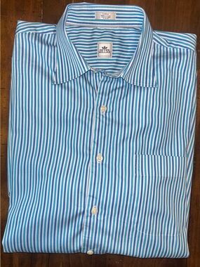 Peter Millar Mens Blue & White Narrow Stripe Dress Shirt